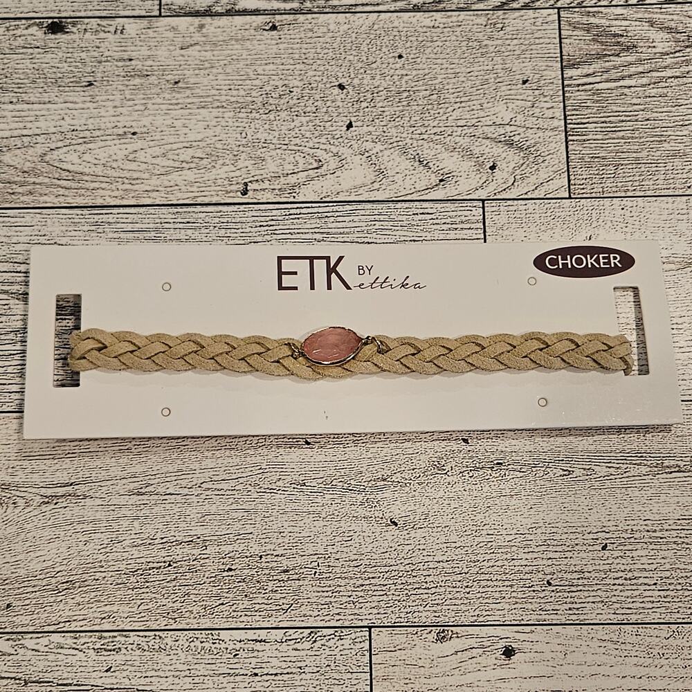 Ettika Tan Leather Braided Choker w Gold Tone Pink Faceted Stone Festival Boho